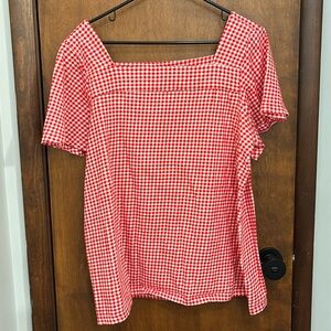 Lands' End Women's Short Sleeve Square Neck Top, Red/White Checker Pattern, Sz L